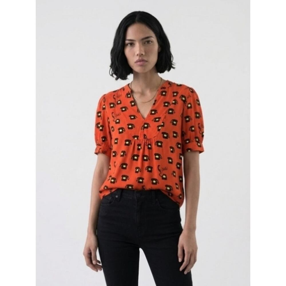 52 Conversations by Anthropologie Rotary Telephone Print Blouse. Size 4